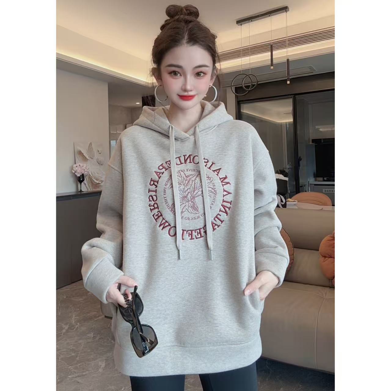 【半夏专属】【百合花】刺绣慵懒风中长款宽松大版连帽加绒卫衣 2677