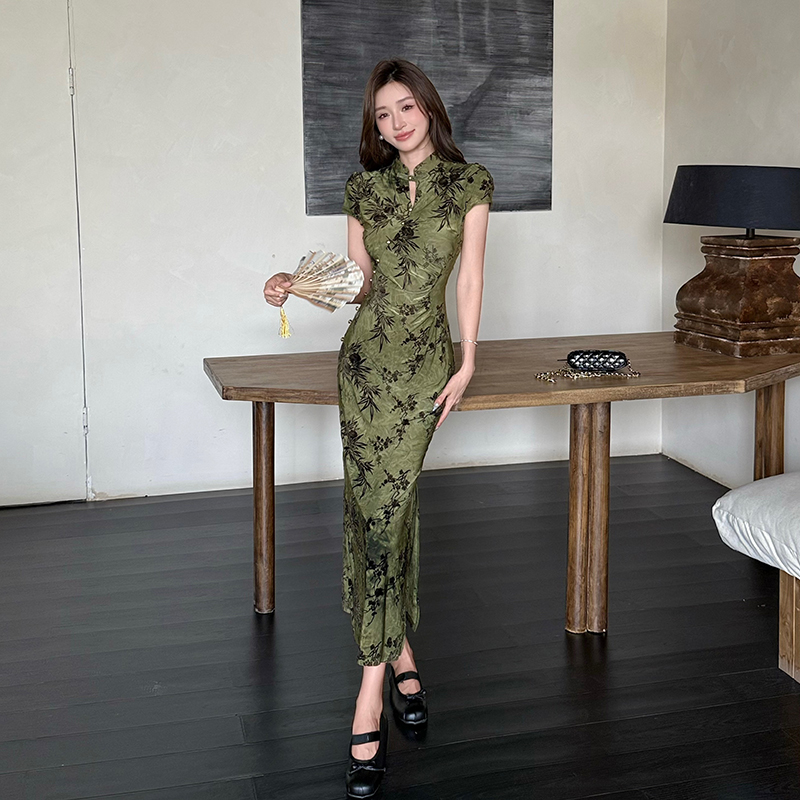 现货实拍 新中式绣花旗袍领改良旗袍女春夏镂空收腰连衣裙长裙