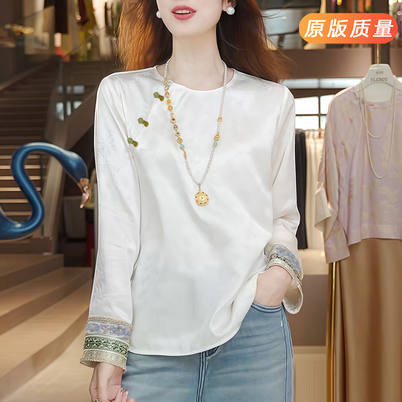 2025春秋季新中式马甲内搭打底衫女长袖刺绣盘扣衬衫国风改良上衣