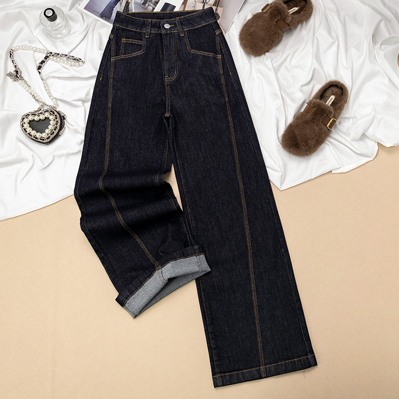 黑金阔腿牛仔裤女秋冬新款2025流行爆款高腰加绒小个子拖地直筒裤