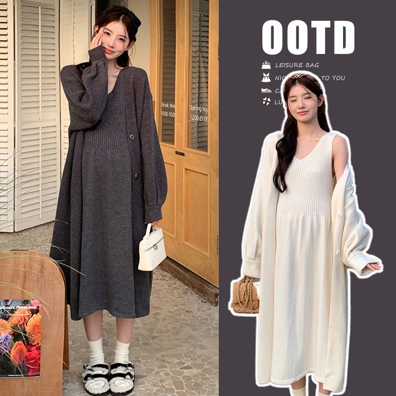 时髦孕妇装新款软糯针织开衫吊带裙两件套宽松显瘦慵懒洋气两件套