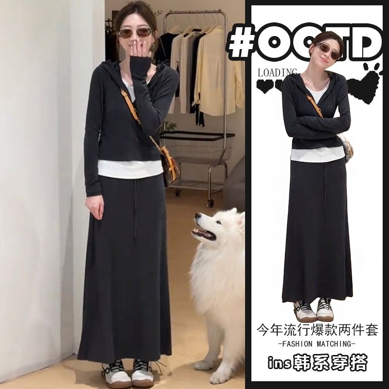 春秋减龄穿搭一整套女时尚洋气休闲运动连帽上衣显瘦半身裙两件套