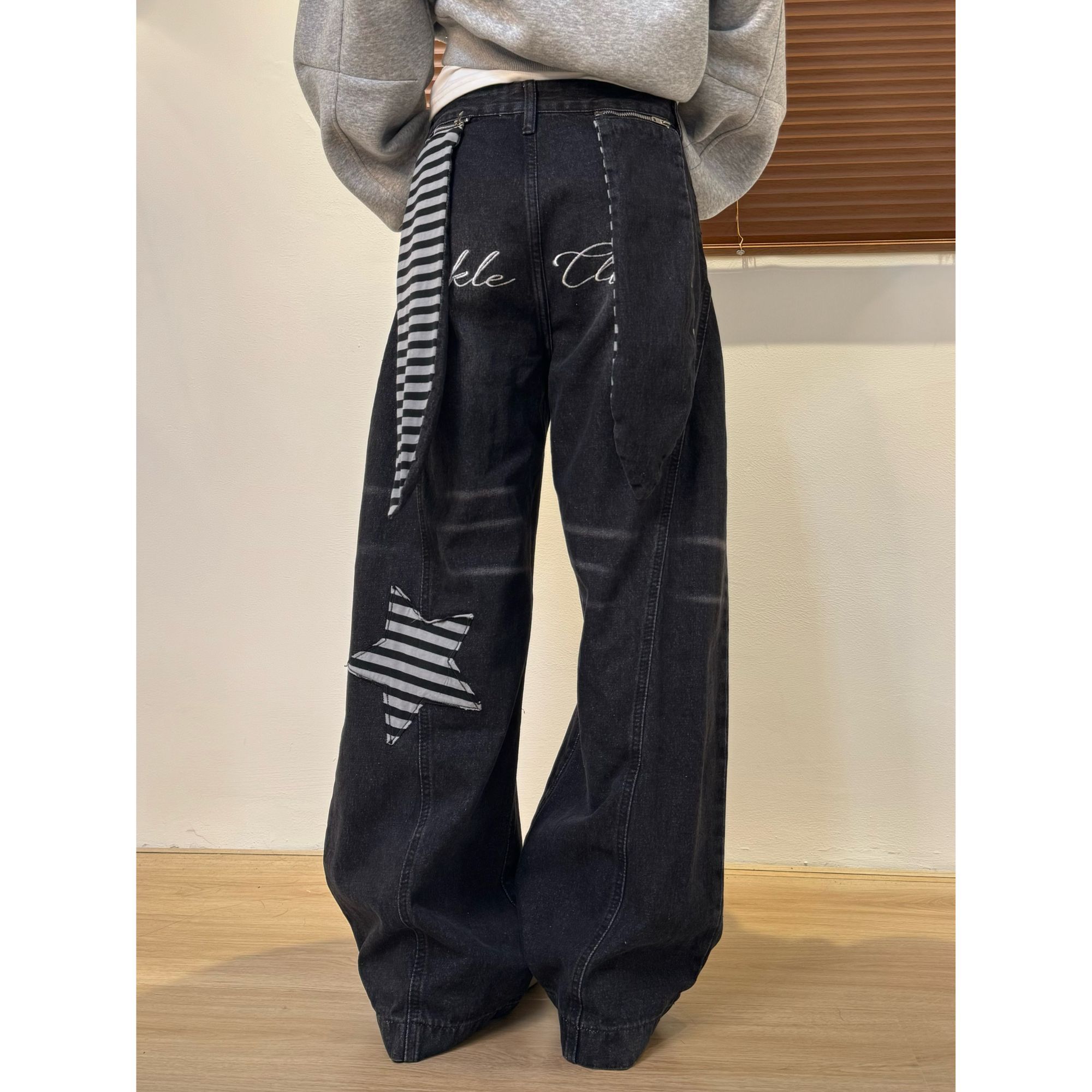 美式复古星星贴布兔子耳设计牛仔裤男女秋季宽松设计感阔腿拖地裤