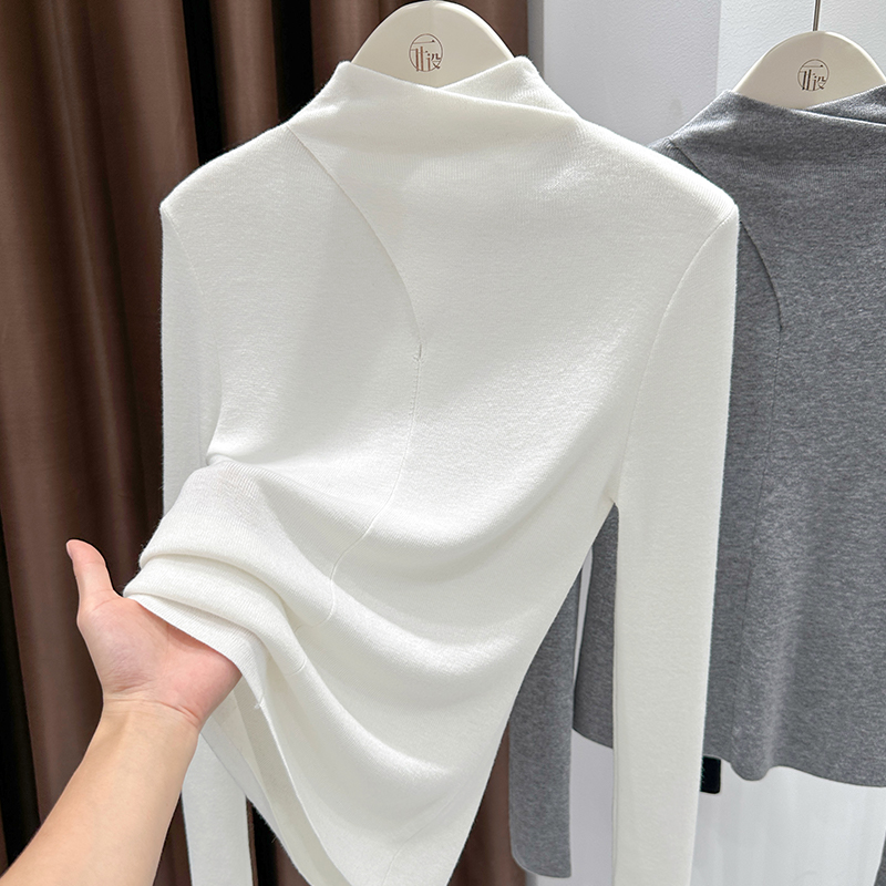 白色半高领长袖打底衫女2025秋冬内搭交叉设计感时尚百搭修身上衣