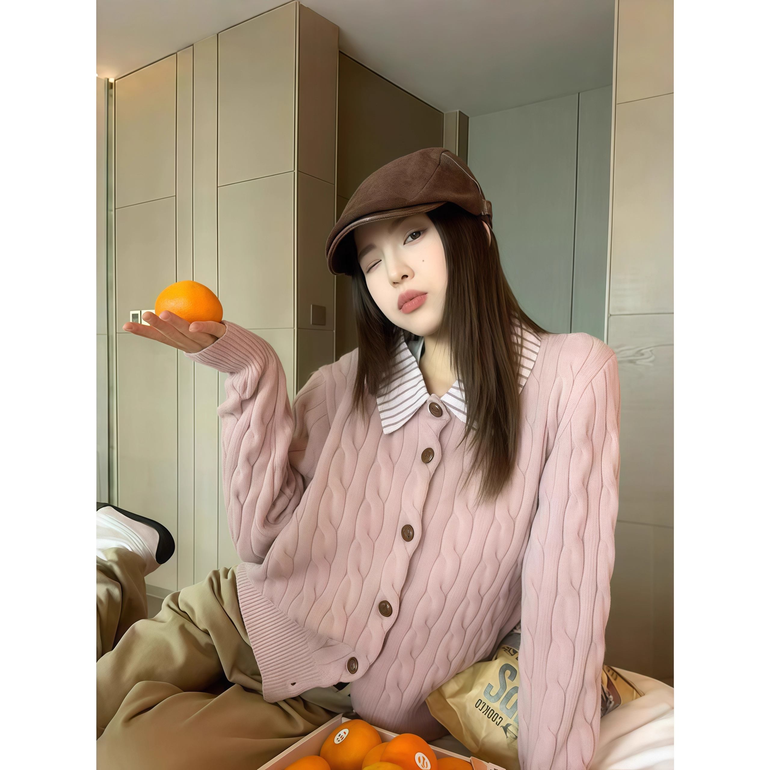 甜美学院风假两件polo领麻花针织开衫女秋冬新款外穿拼接减龄毛衣