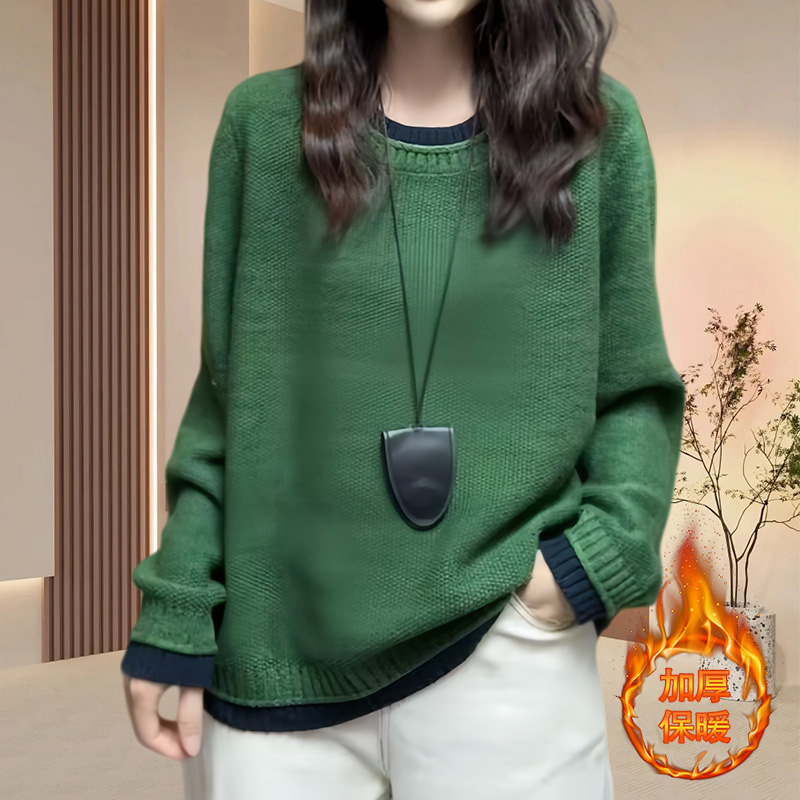 气质高级感圆领百搭针织上衣胖mm时尚洋气休闲风绿色上衣女秋冬款