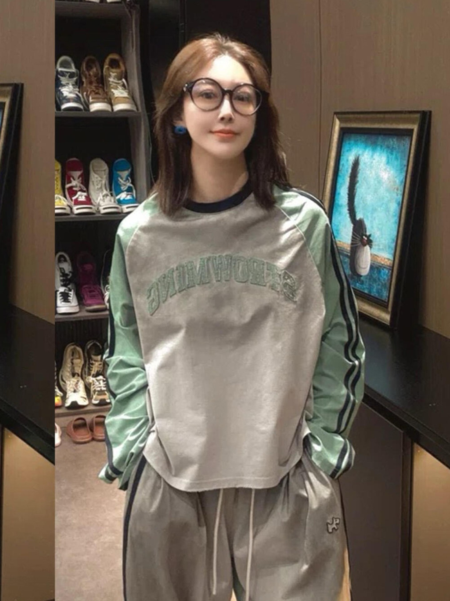 韩系chic单穿上衣设计感小众慵懒松弛感穿搭绿色拼接长袖t恤女秋