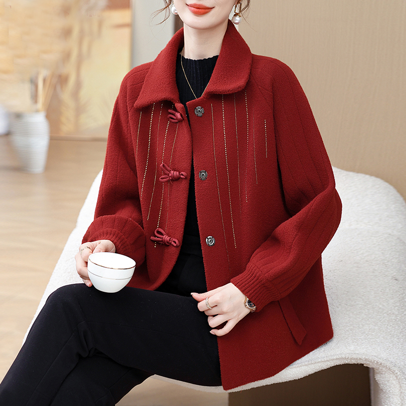 妈妈秋冬装厚款外套女装毛衣保暖上衣夹克中老年洋气开衫毛呢大衣