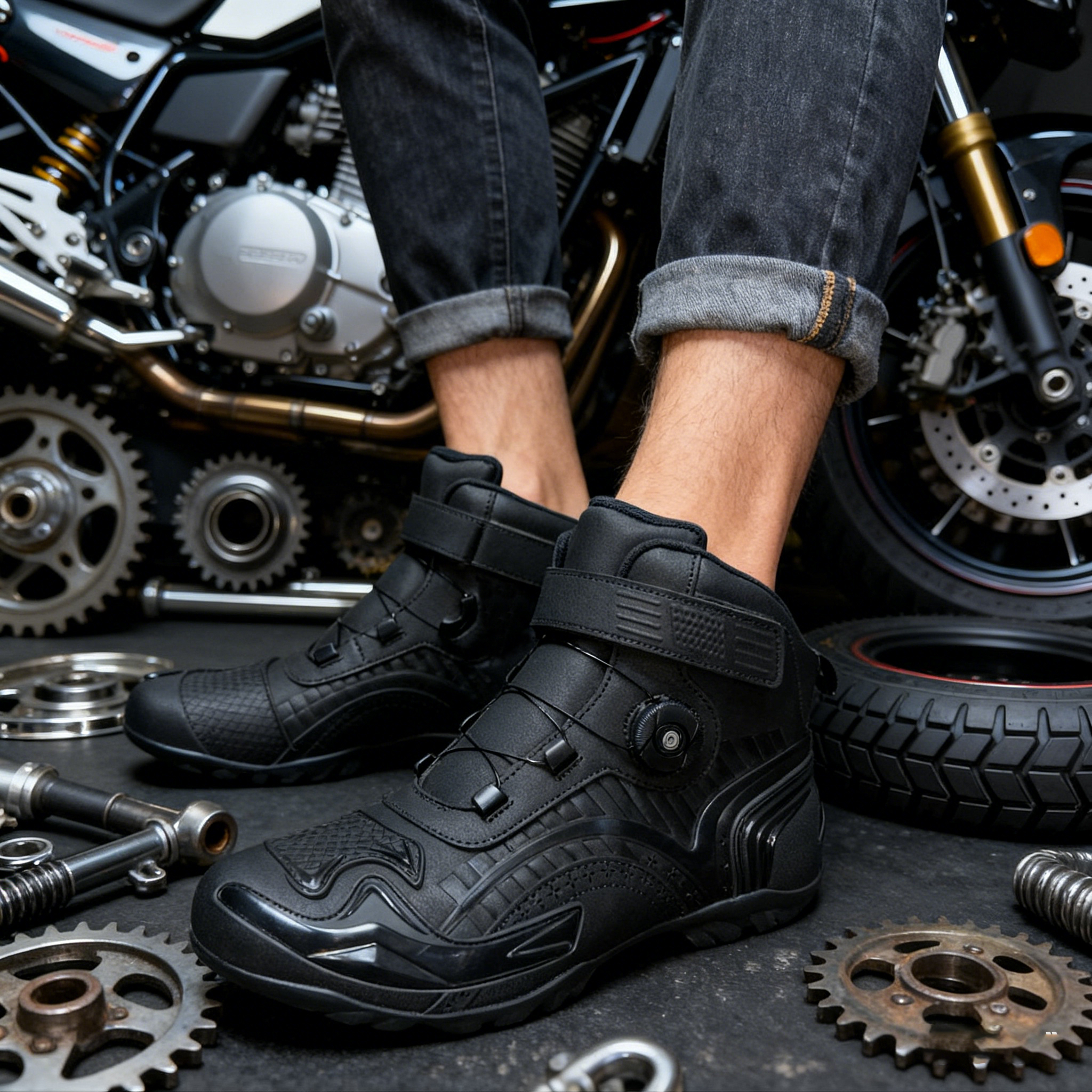 「机车党必入」全黑机能机车靴 骑行防摔 + 日常潮搭 酷飒高帮靴