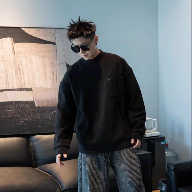 新款冬季设计感重磅胸前口袋半高领长袖卫衣男轻奢上衣打底衫加绒