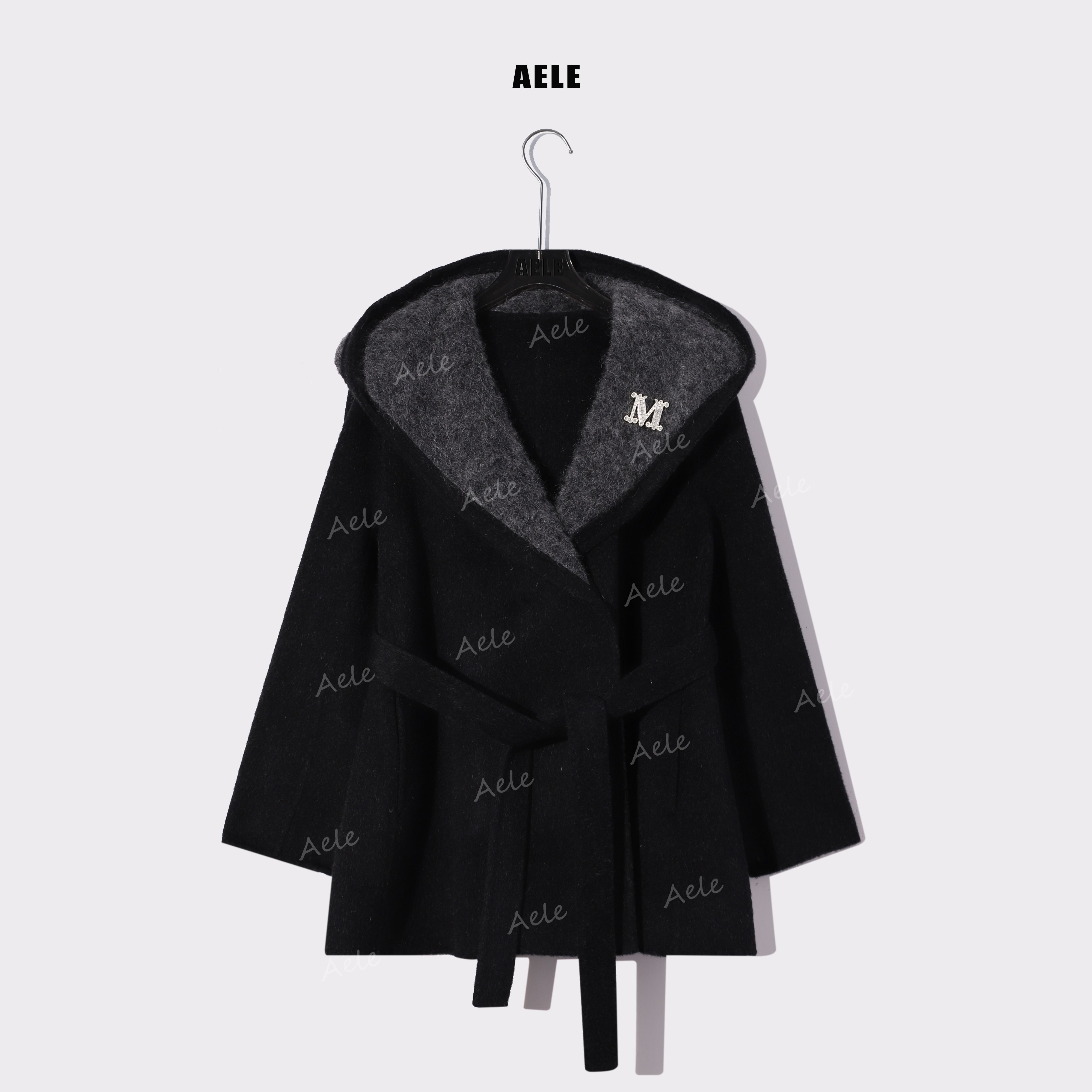 AELE中长款休闲气质复古连帽腰带绵羊毛双面呢大衣 S855 3793 A