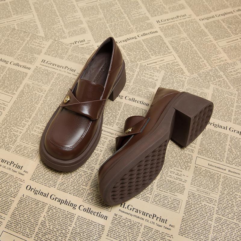 春季高跟厚底乐福鞋女士秋冬单鞋粗跟复古英伦风棕色小皮鞋