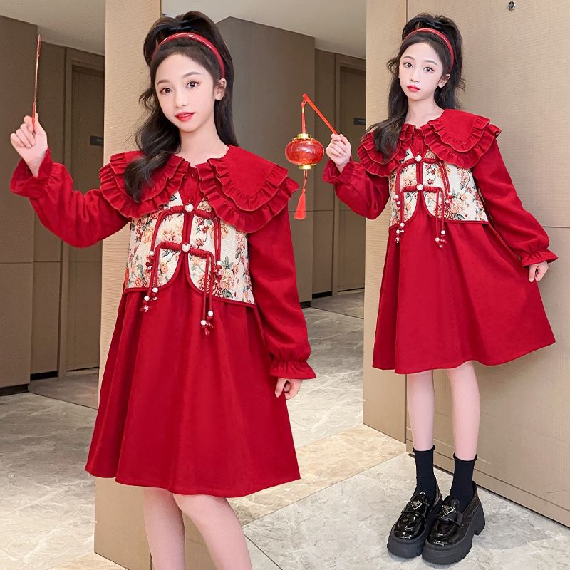 女童喜庆拜年连衣裙2025新款儿童衣服时髦国风娃娃领新年裙子童装