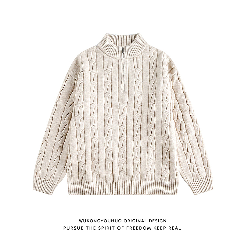 悟空有货老钱风麻花纹半拉链毛衣男秋冬重磅休闲百搭半高领针织衫