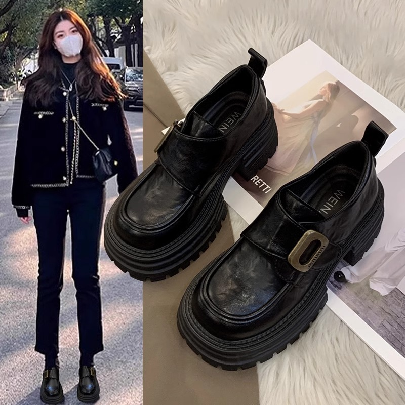 厚底粗跟英伦风小皮鞋女2025新款春秋百搭增高真皮单鞋黑色乐福鞋
