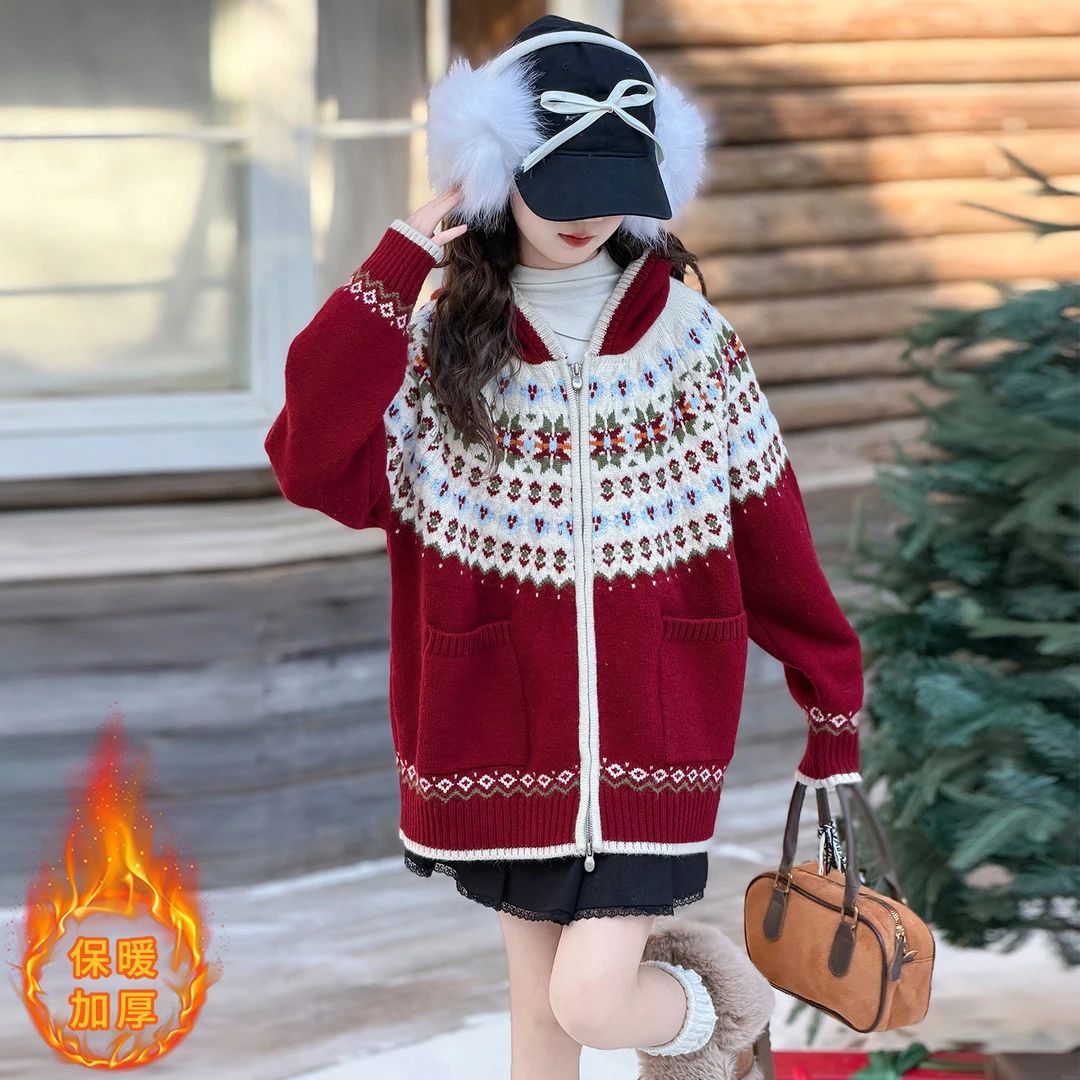 初中生高颜值毛衣女童圣诞节费尔岛针织衫外套2026新款本命年毛衣