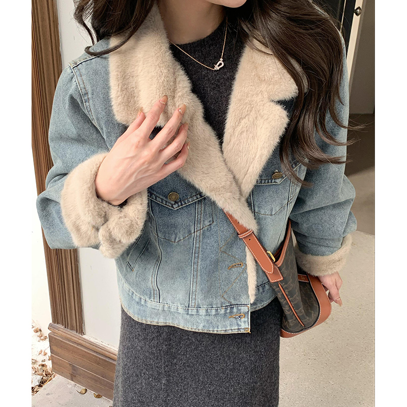 牛仔外套女冬加绒加厚新款2025蓝色复古秋冬短款小个子气质高级感