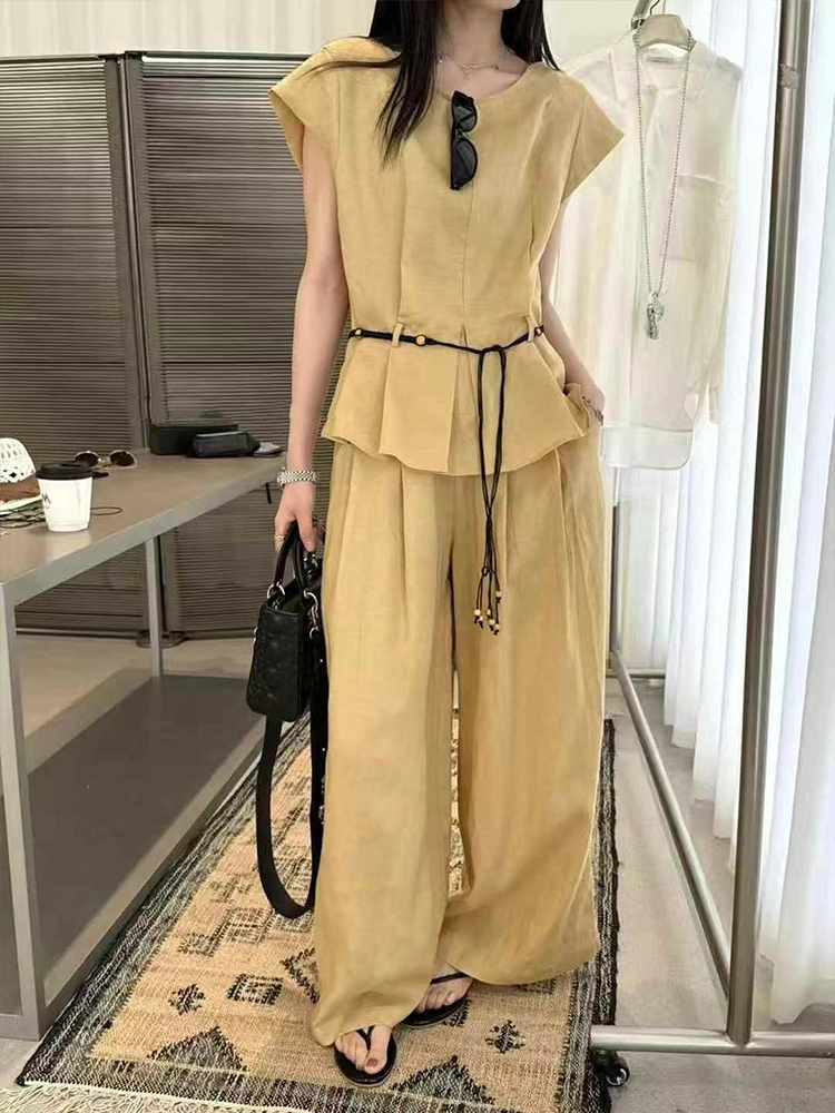 时尚休闲麻料套装女欧洲站2025年夏季新款飞飞袖上衣阔腿裤两件套
