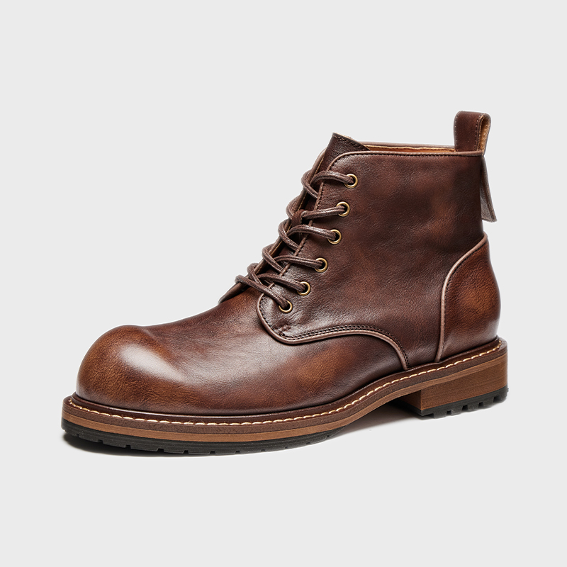 擦色皮欧美风防滑工装靴英伦风马丁靴男款冬季加绒复古百搭靴子男