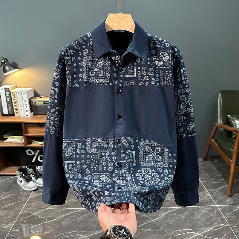 早秋个性时尚印花长袖衬衫男士新款潮流复古百搭文艺宽松休闲衬衣