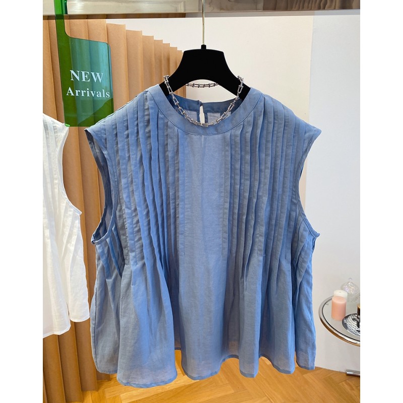 01137高级感蓝色亚麻无袖上衣女高端宽松百褶棉麻衬衫娃娃衫夏