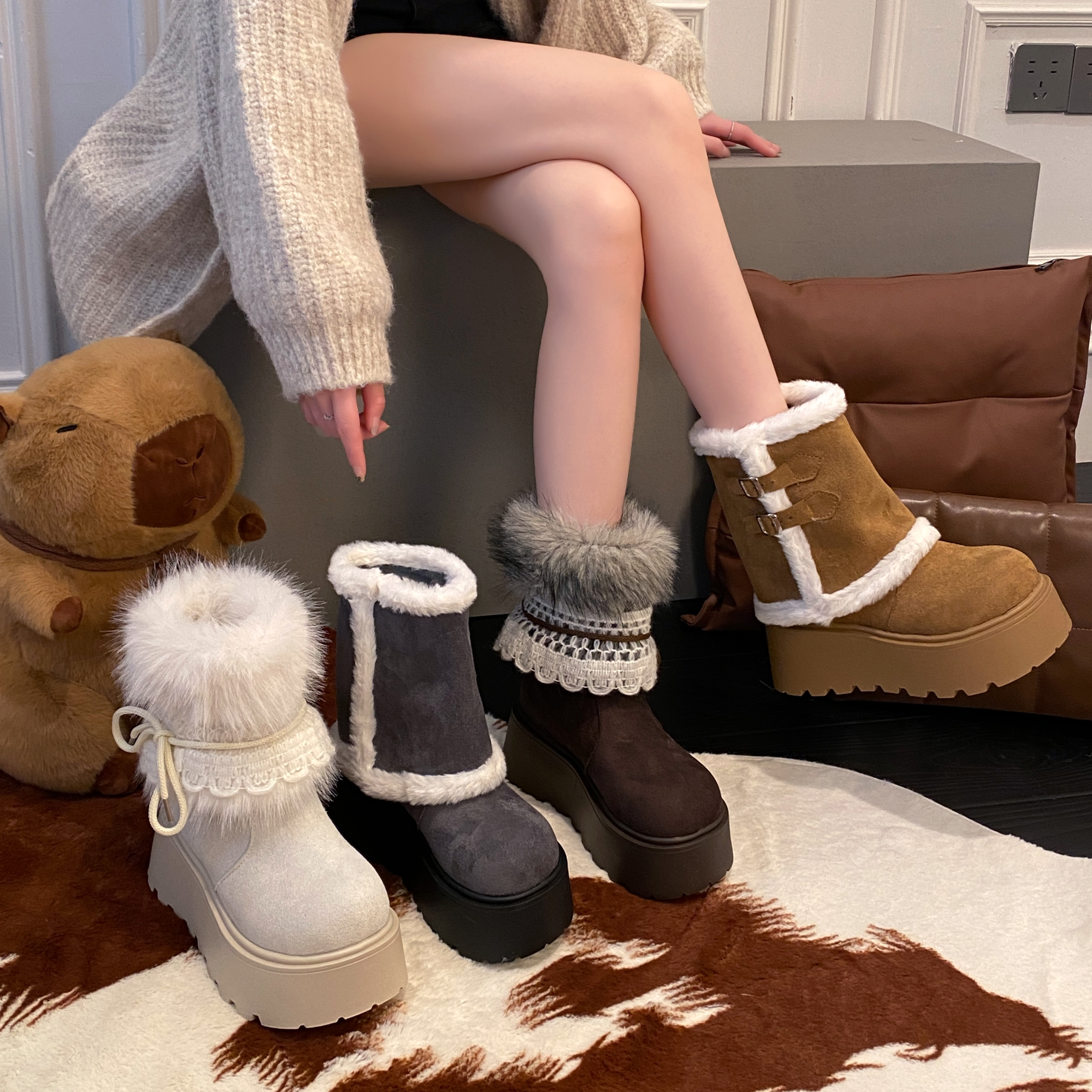 贾不假费尔岛雪地靴女款2025新款冬季爆款加绒厚底棉鞋小个子增高