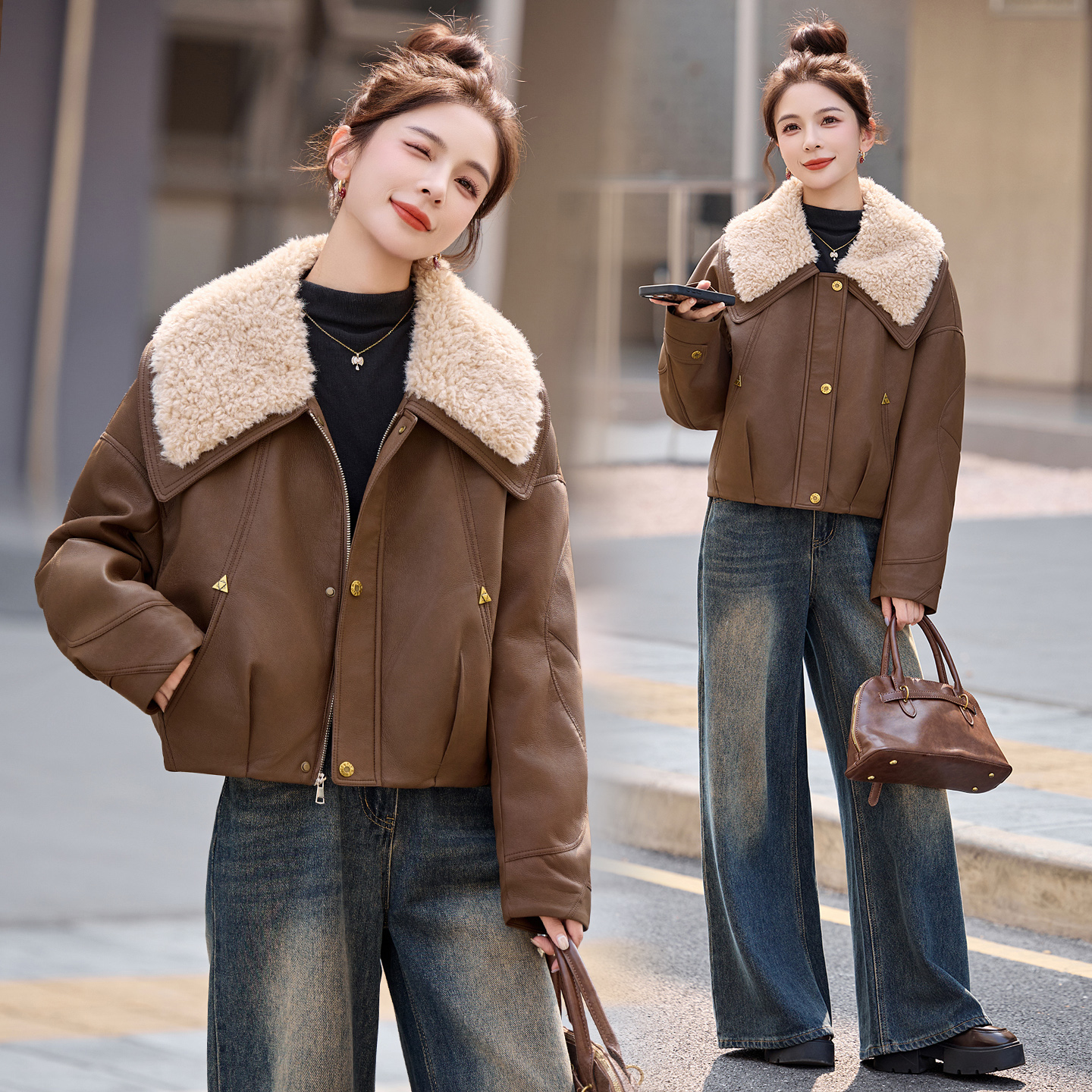 时尚羊羔毛大翻领加棉PU皮衣外套女2025冬季宽松洋气减龄短款棉服