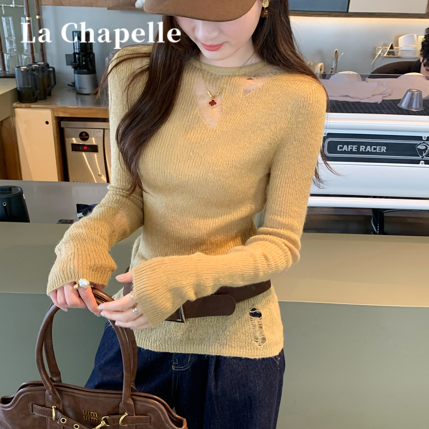 法式复古设计感圆领破洞镂空长袖针织衫女2025秋季新款辣妹风上衣