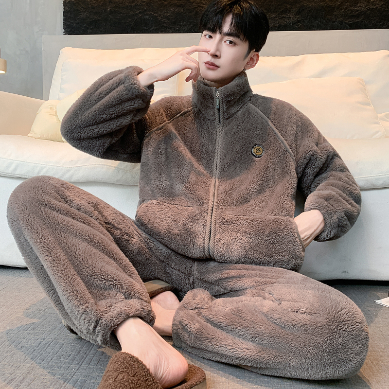 【美拉德棕】秋冬男士大码宽松雪花绒家居服套装可外穿法兰绒睡衣