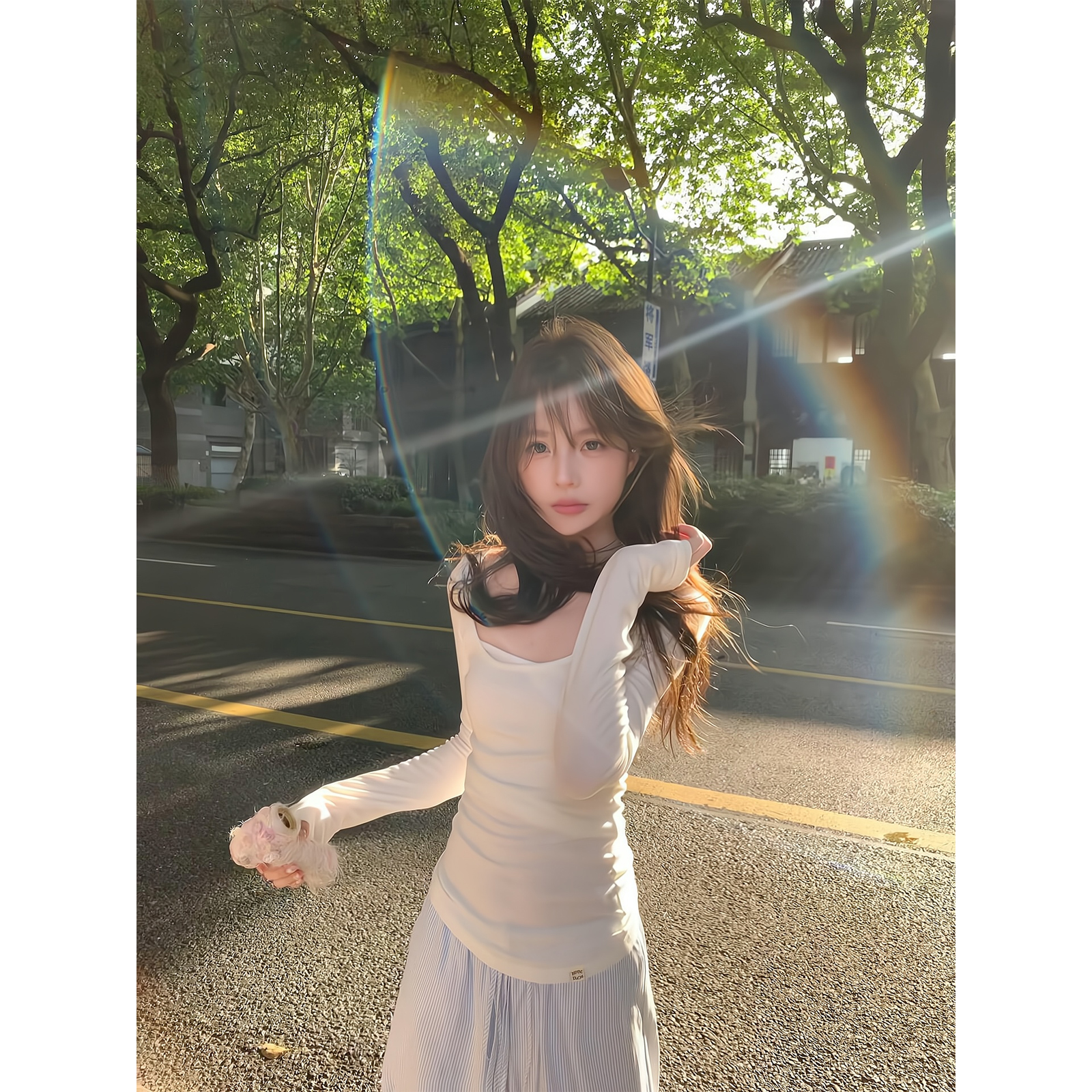 U领长袖t恤早秋季2025新款内搭小吊带甜上衣两件套直筒宽松阔腿裤