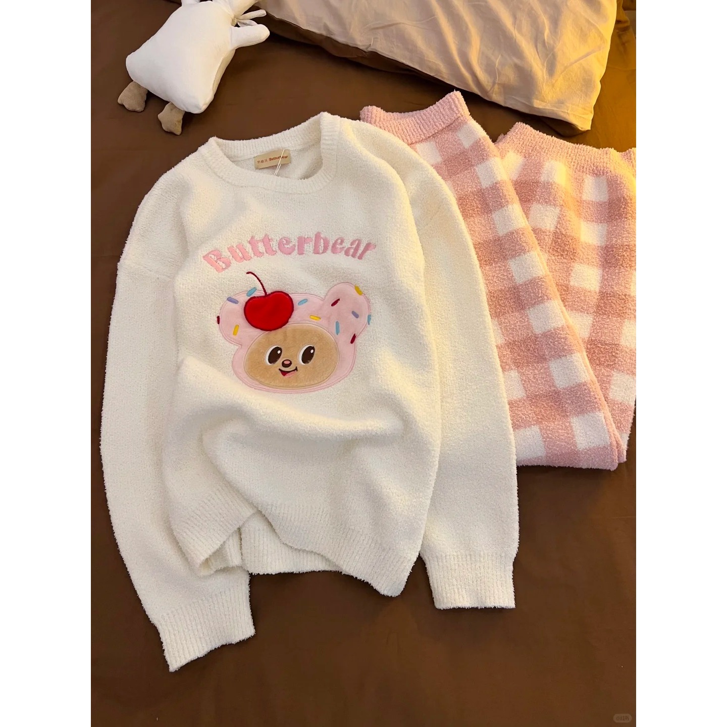 韩系樱桃小熊印花半边绒睡衣女秋冬新款套装针织毛衣家居服可外穿