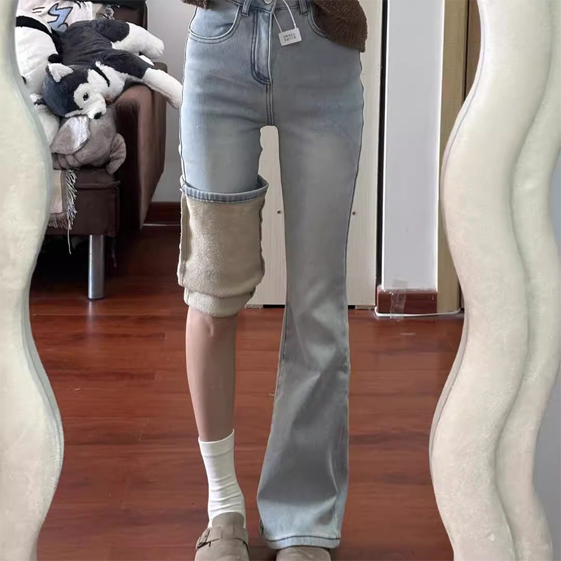加绒水洗高腰微喇牛仔裤女2025秋冬新款小个子修身显瘦马蹄喇叭裤