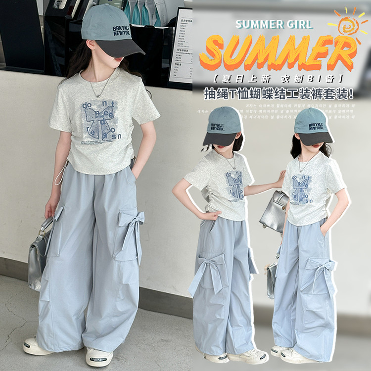 女童夏装短袖套装2025新款韩版中大童时尚休闲学生工装裤两件套潮