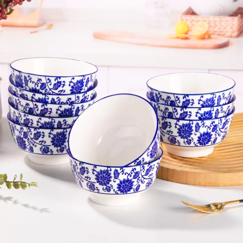 8只装5.1英寸青花瓷家用陶瓷米饭碗吃饭饭碗粥碗中式复古餐具