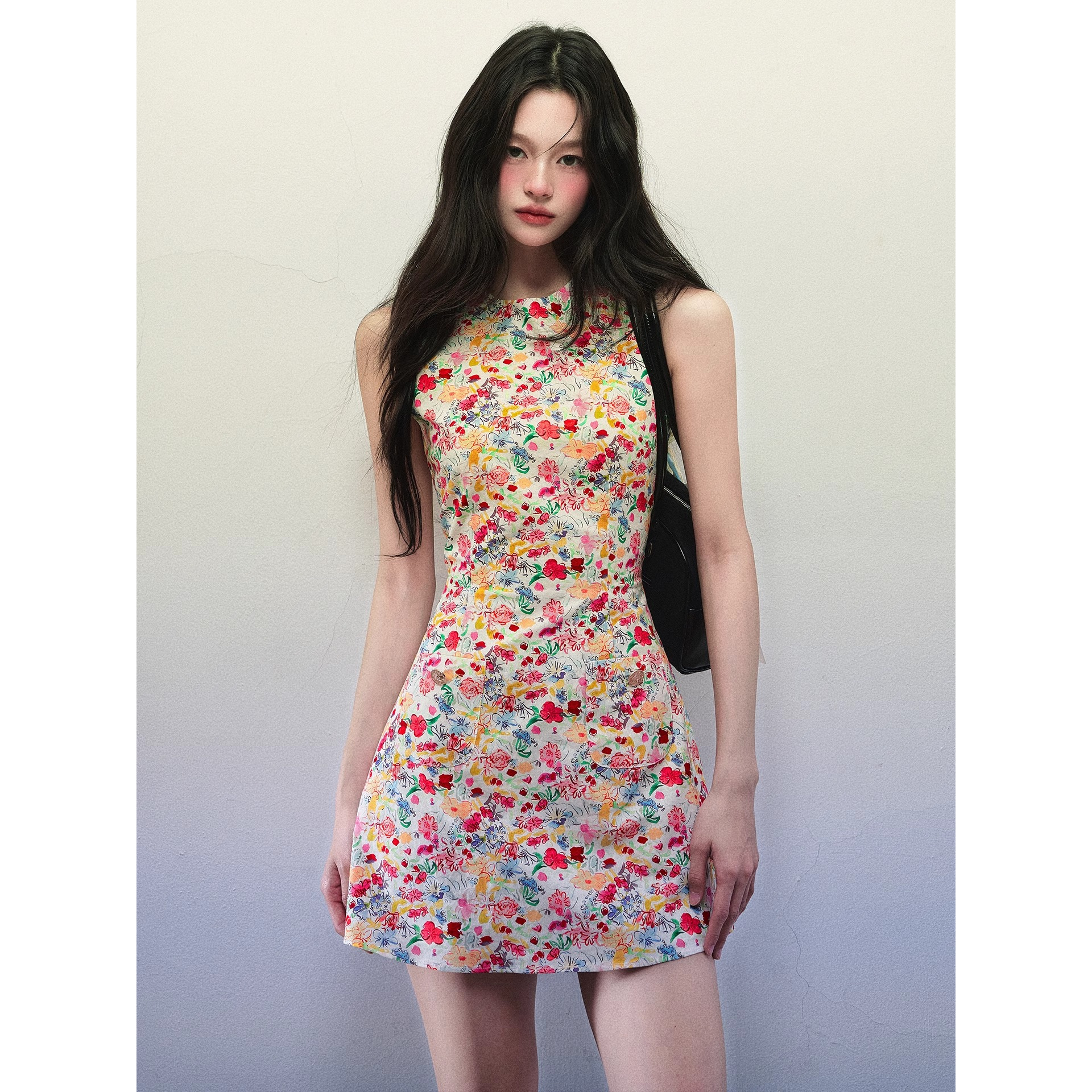 热夏红色小碎花背心连衣裙女夏季圆领修身收腰无袖短裙