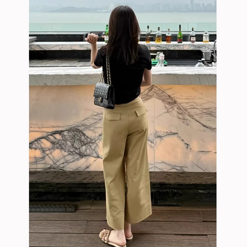 卡其色高腰直筒阔腿休闲裤女夏季2025新款宽松显瘦梨形身材九分裤