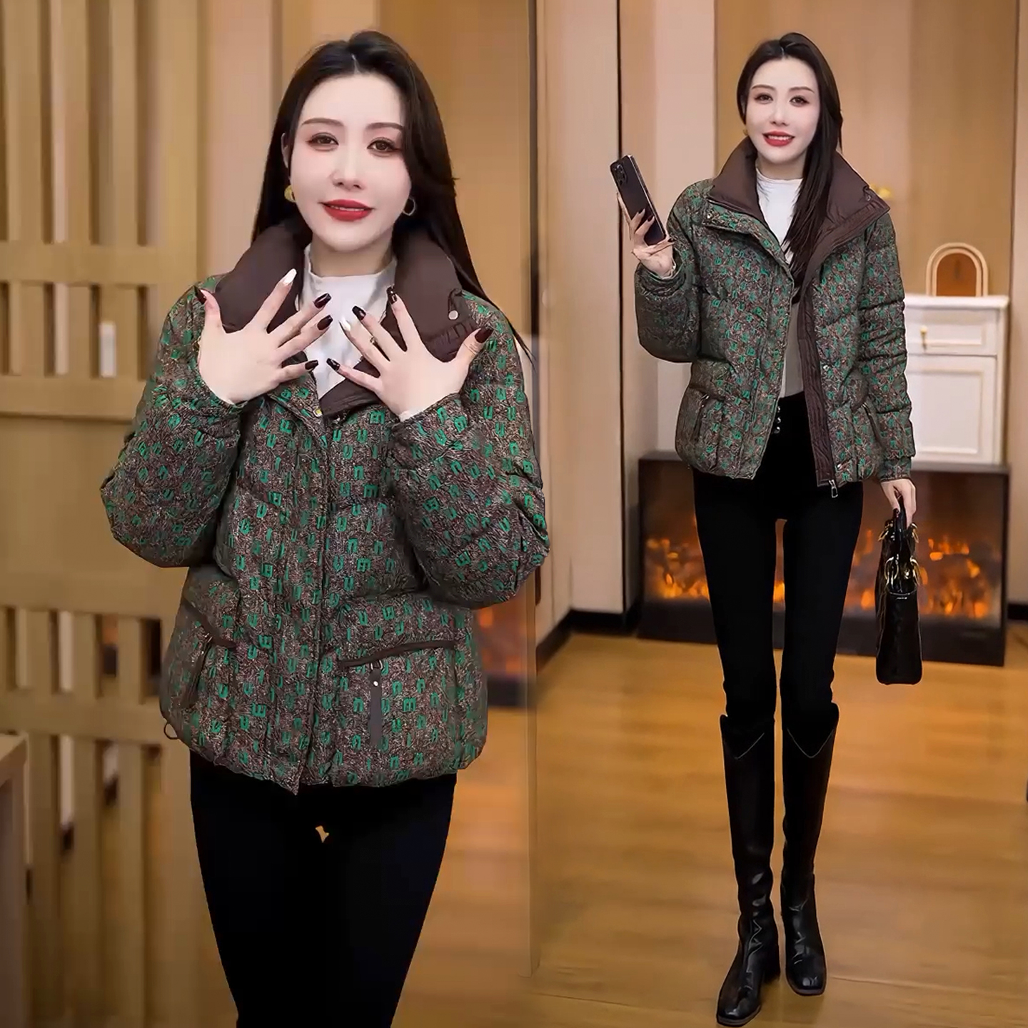 时尚印花短款棉服女2025冬季新款洋气宽松加厚面包服保暖减龄外套