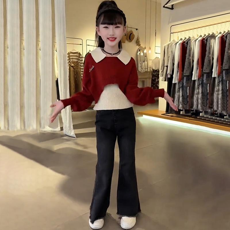 巴拉女童长袖针织毛衣洋派时髦牛仔裤套装2025新洋派花朵加绒毛衣