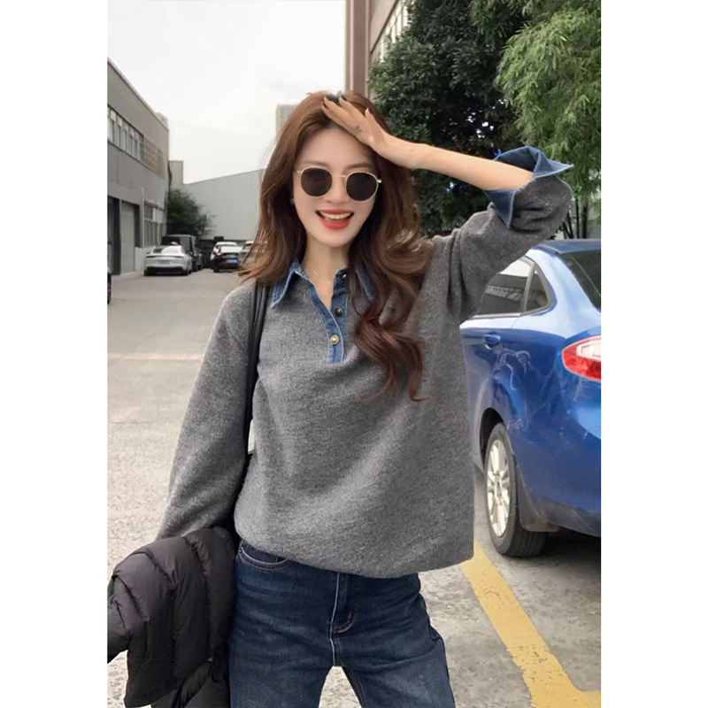 设计感拼接牛仔毛衣女秋冬宽松外穿长袖翻领假两件针织衫气质上衣