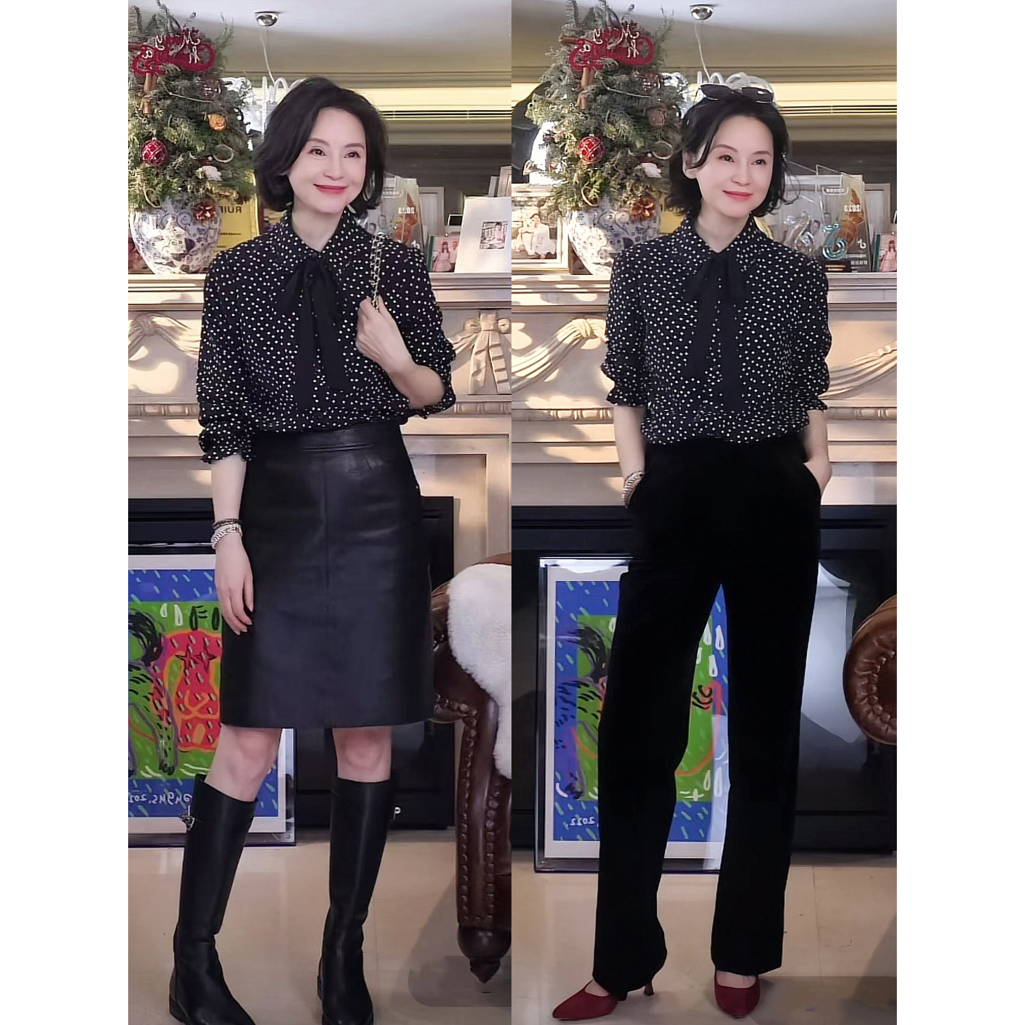 我是摩羯 福冈美术馆 6A级桑蚕丝18MM弹力双绉飘带波点夏衬衫