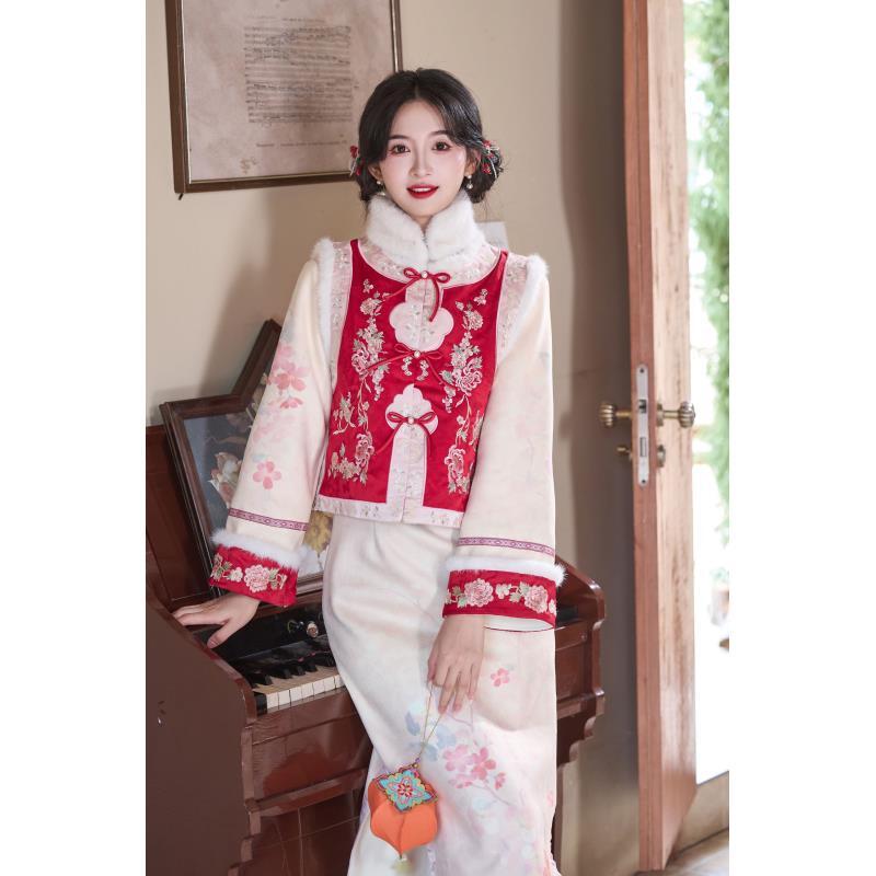 红雪【牡丹】冬季新款修身显瘦气质女人味旗袍秋冬加绒加厚改良版