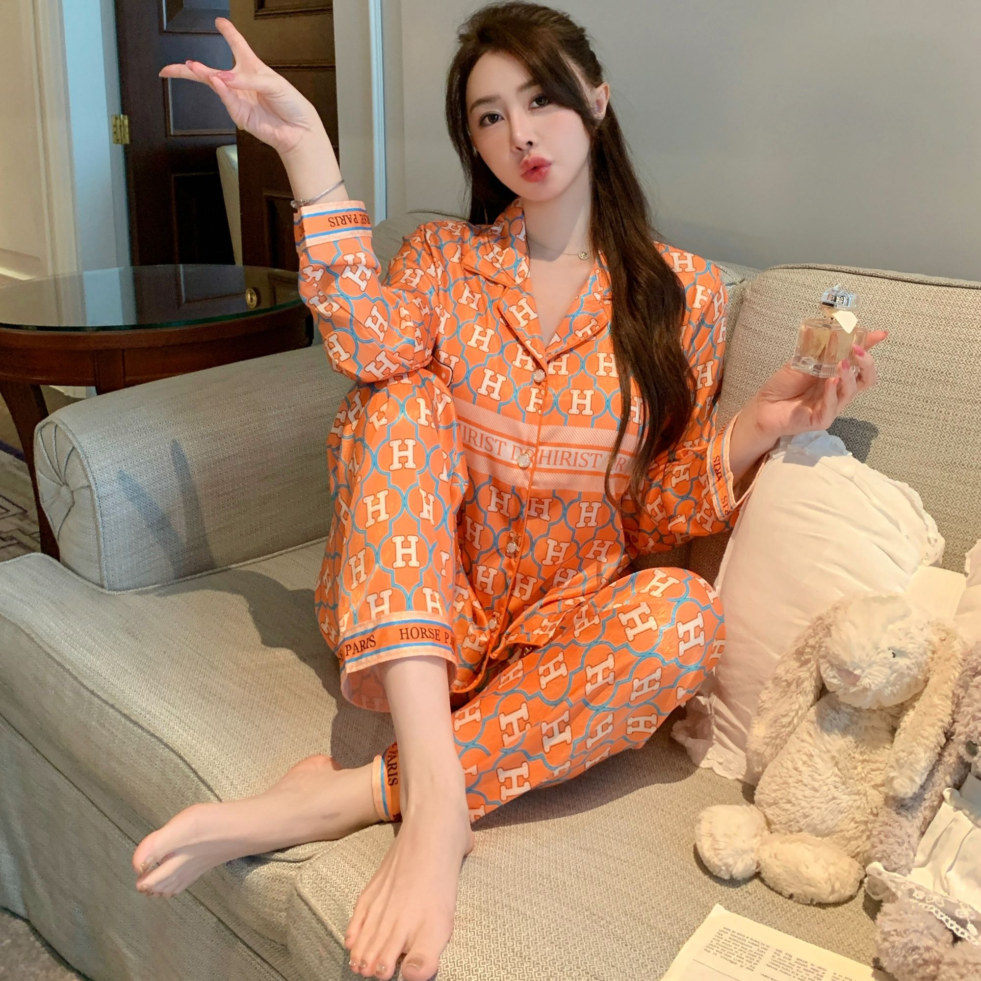 韩系高级感豹纹睡衣女秋季新款大码长袖长裤家居服两件套