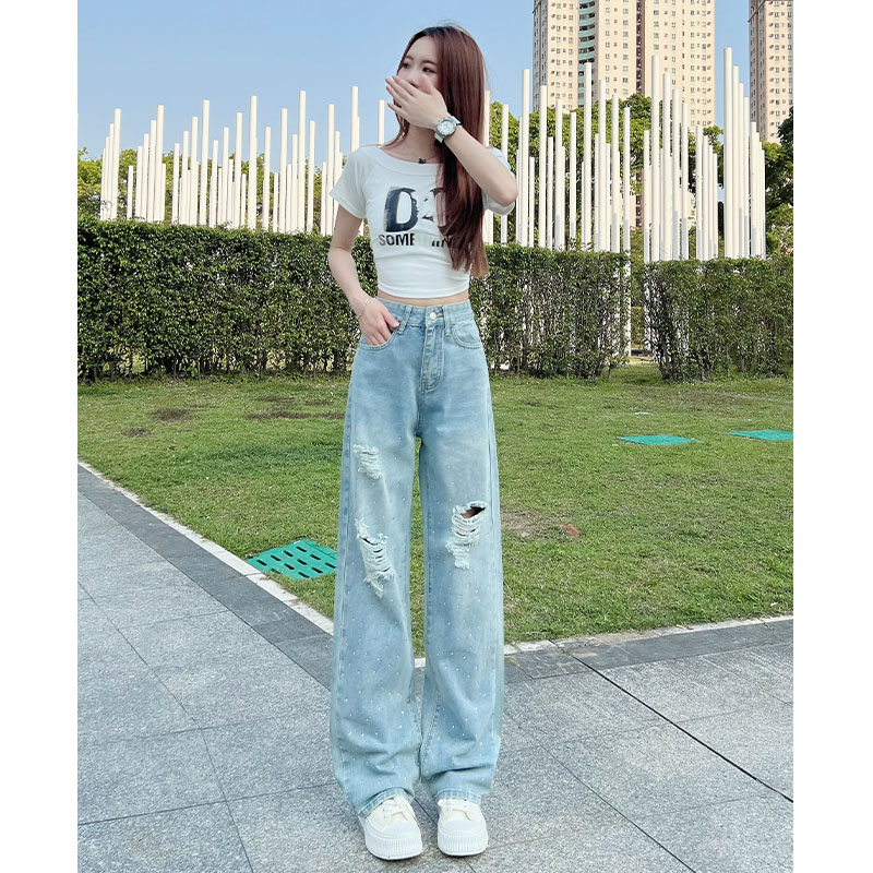 烫钻破洞阔腿牛仔裤女2025年春夏新款薄款时尚高街宽松直筒裤子女