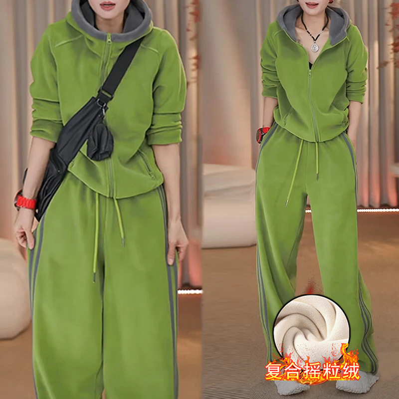 冬季加绒加厚连帽卫衣套装拉链外套阔腿裤保暖显瘦两件套装T633#