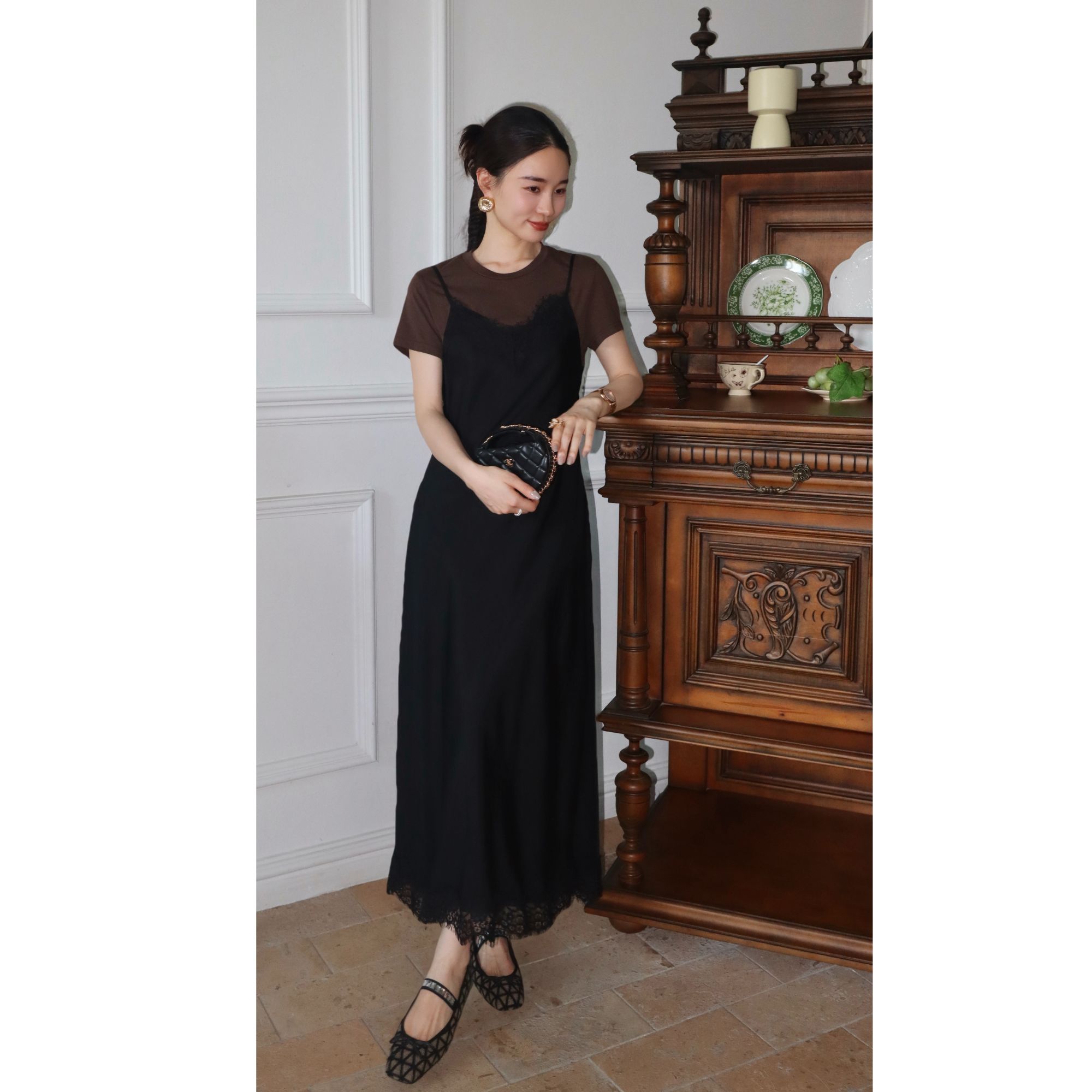 HELA AOMI “黑蔷薇”桑蚕丝高级感拼蕾丝边假两件连衣裙CY5BM72581