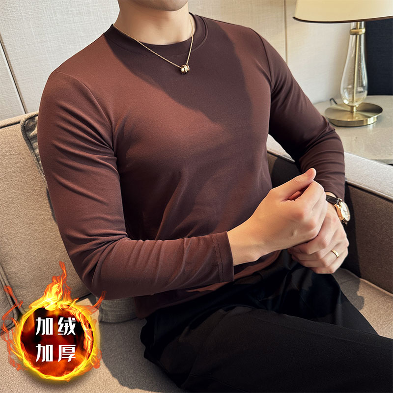 长袖t恤男款爆款2025新款纯色百搭弹力修身加绒加厚保暖打底衫男