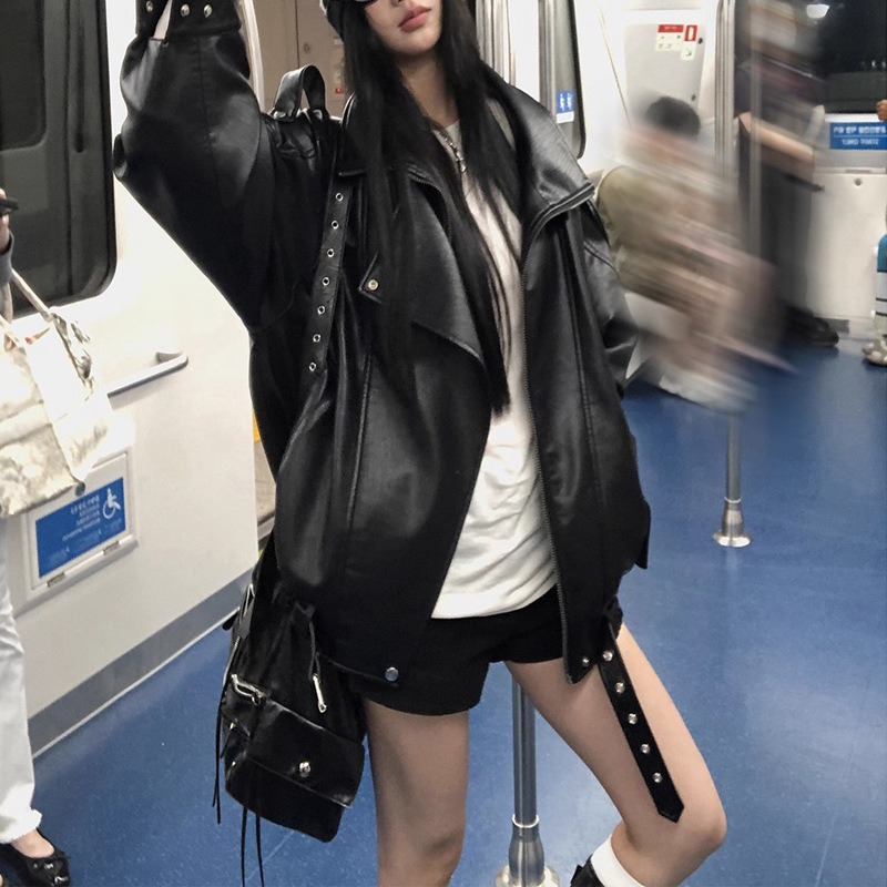 黑色皮衣女款外套女PU中长款新款秋季机车复古夹克秋冬女款外套