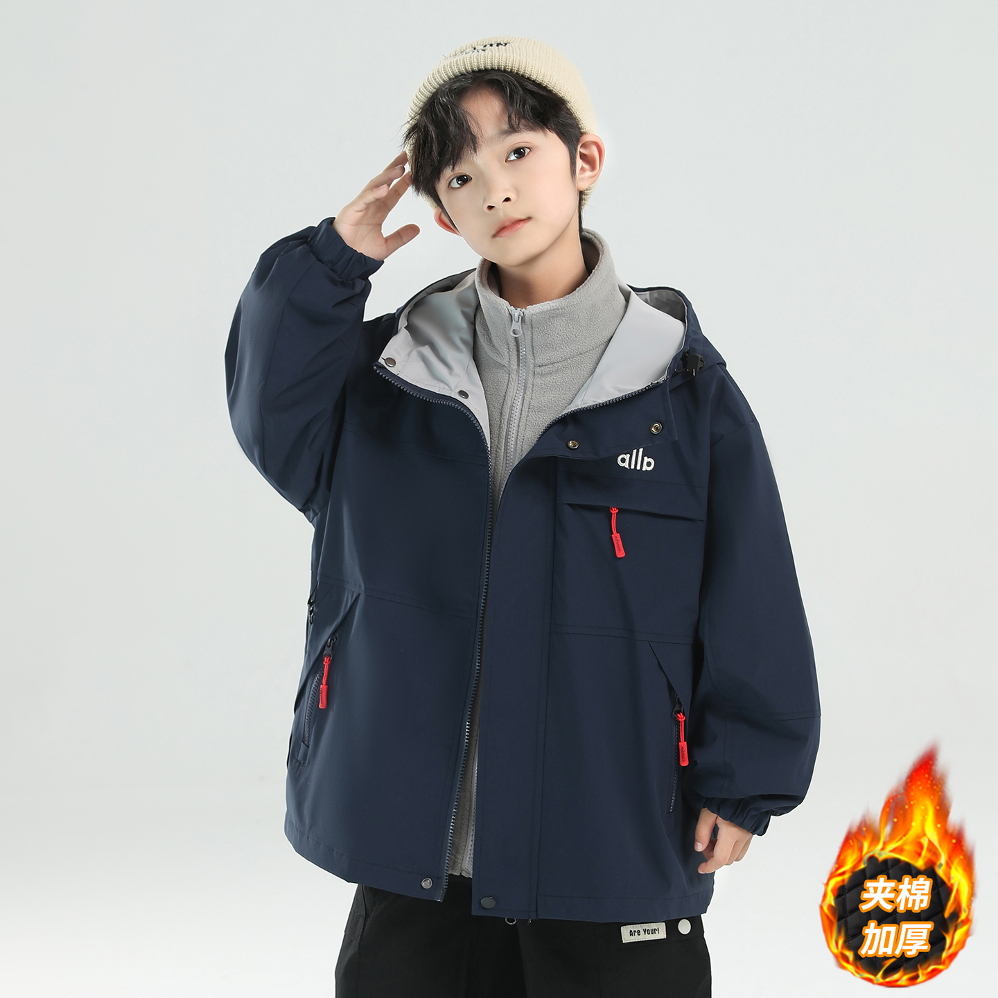 男童时尚帅气冲锋衣套装秋冬装新款洋气大童男孩冬季外套两件套潮