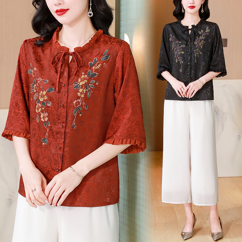 春夏新款新中式国风刺绣气质天絲衬衫中袖复古宽松大码两件套装