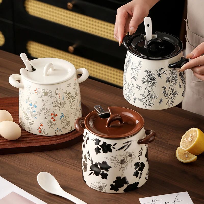 猪油罐陶瓷中古花卉家用大容量调料盒调料罐瓶厨房辣椒油荤油罐